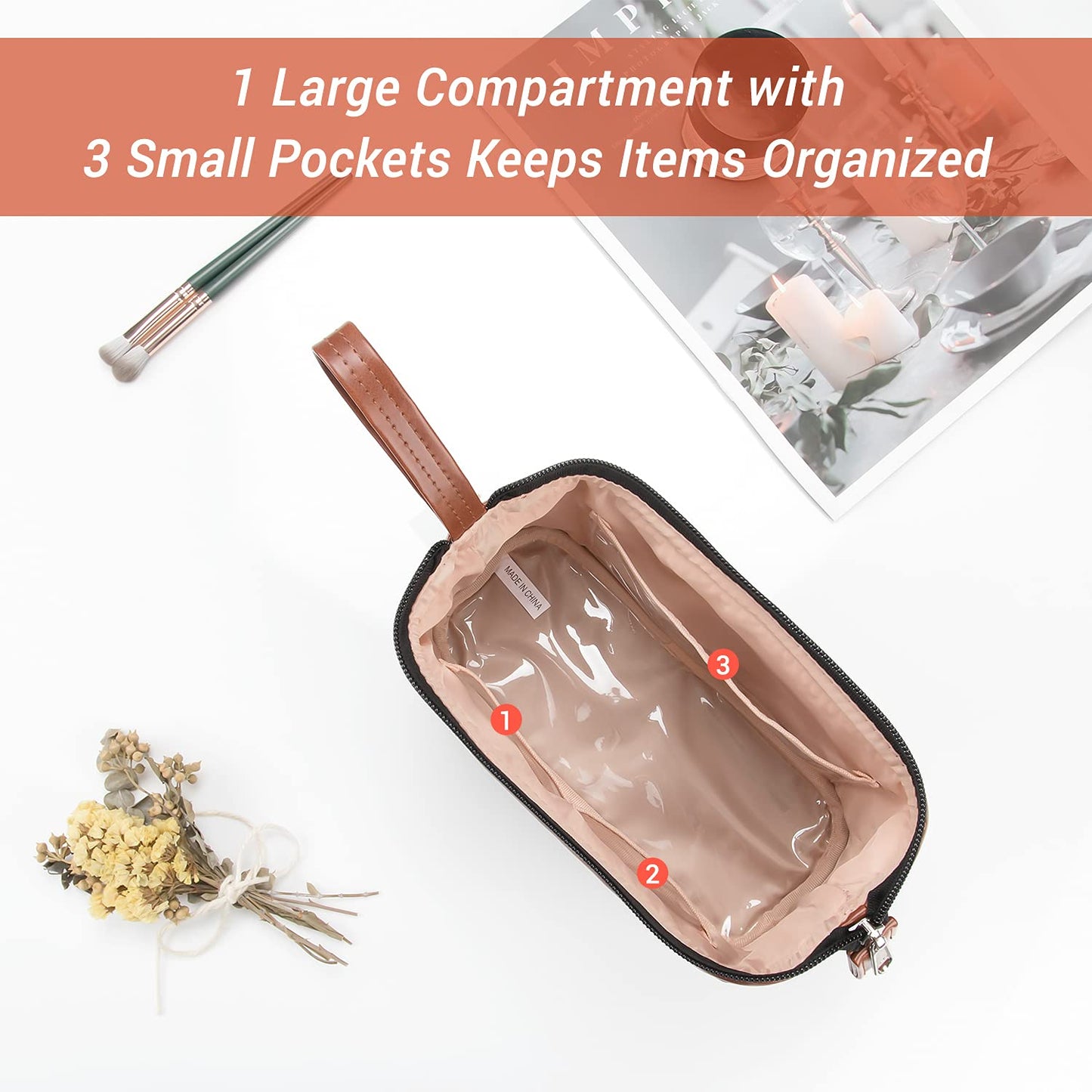 OCHEAL Travel Makeup Bag, Small Cosmetic Bags for Women,Large Capacity Portable Cosmetic bag Storage Organizer for Purse Everyday Use (Small,Black-Brown)