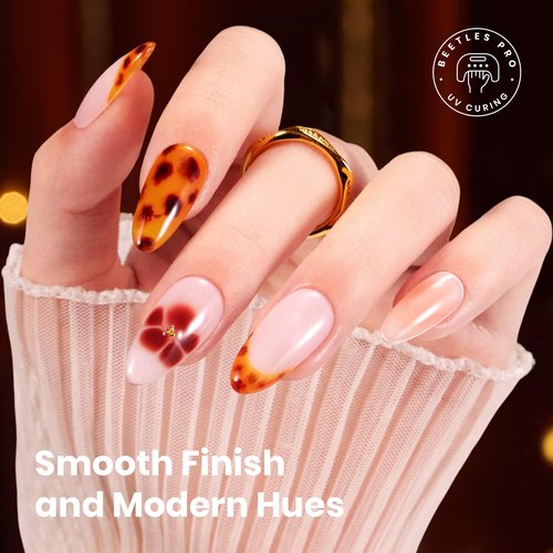 Beetles Blooming Gel Polish Set - Amber Traces 5 Colors Gel Polish Kit White Jelly Nude Brown Amber with 1 Bottle Blooming Gel 15ML Full Size Soak Off Uv Nail Art Gfit for Women
