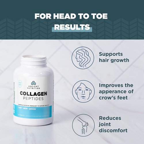 Ancient Nutrition Collagen Peptides - Unflavored Hydrolyzed Collagen Tablets for Healthy Skin, Hair & Joints | 30 Count