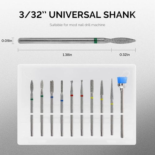 MelodySusie Nail Drill Bits Set - 10pcs Diamond Cuticle Bits for E-File | 3/32 Inch, Silver