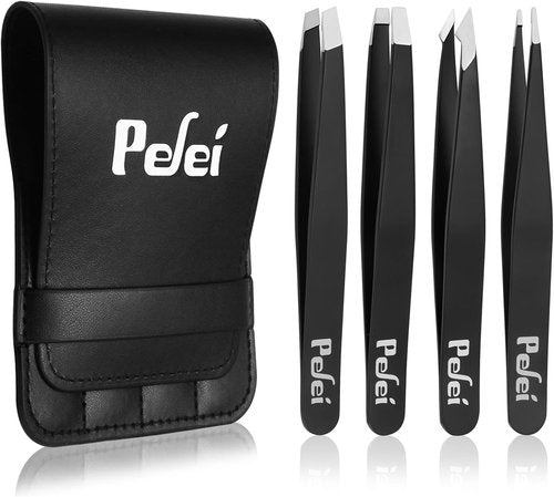 Pefei Tweezers Set - Professional Stainless Steel Eyebrow Tweezers for Precision Hair Removal - Black