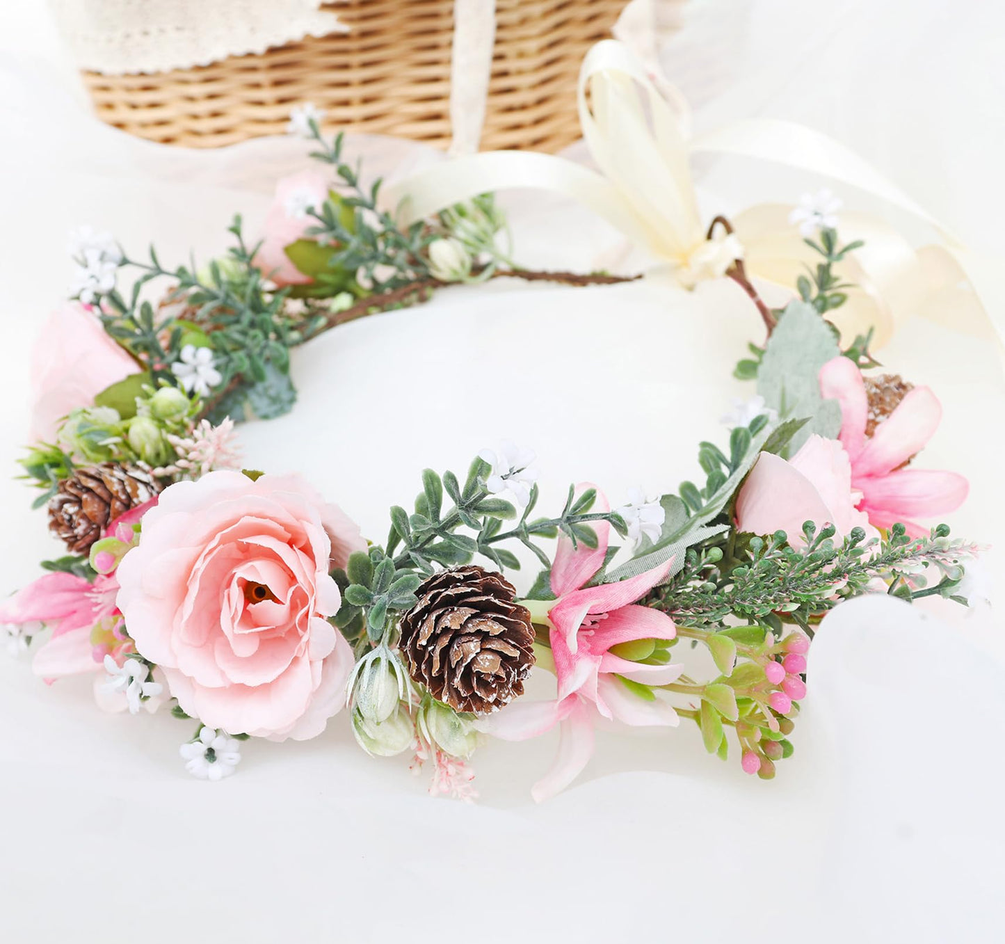 Vivivalue Floral Crown Girl Flower Headband Hair Wreath Floral Headpiece Halo Boho with Ribbon Wedding Party Festival Photos