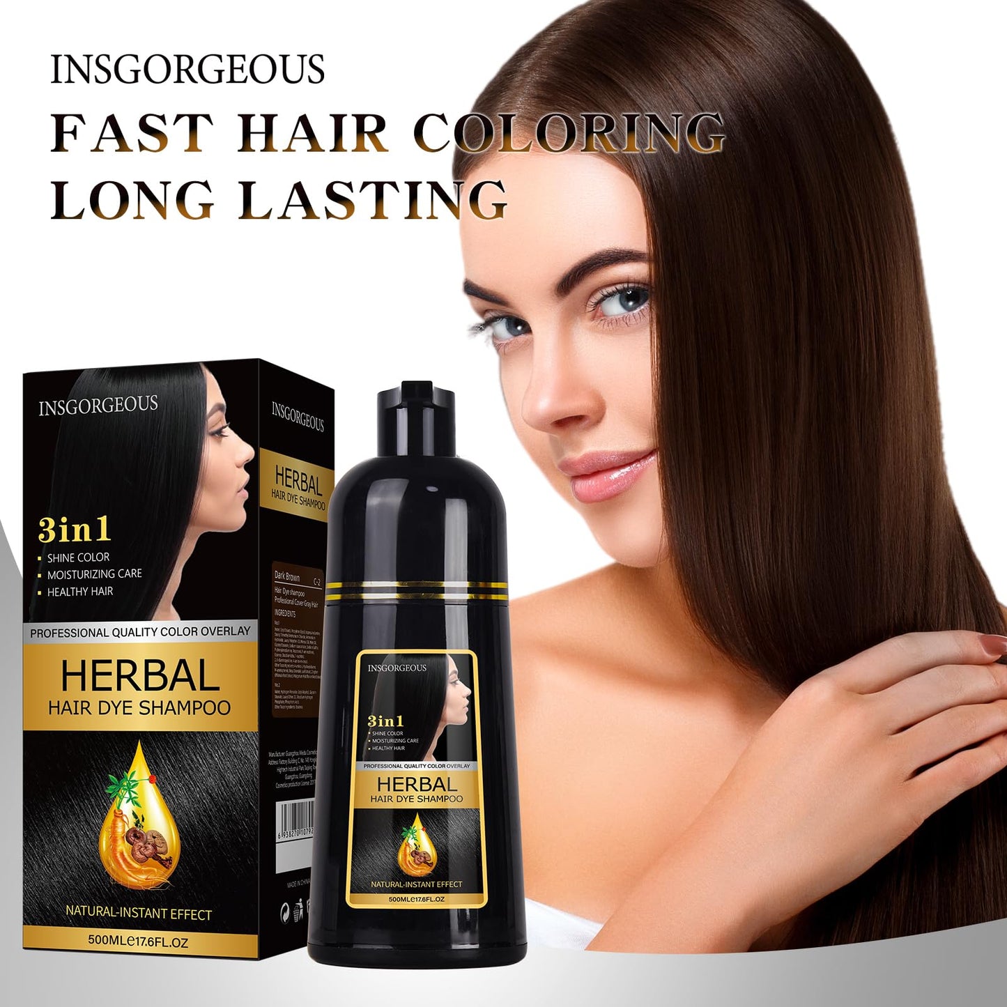 INSGORGEOUS Hair Dye Shampoo Instant Gary Hair Color Shampoo Hair Dye Shampoo for Women & Men 3 in 1-100% Grey Coverage Herbal Ingredients Hair Coloring Shampoo in Minutes 500ML (Brown hair)