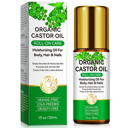 Acorn + Oak Organic Castor Oil 1 fl.oz,100% Pure Cold Pressed for Hair Growth, Eyebrows & Eyelashes – Natural Moisturizer for Skin & Nails – Roll-On Glass Bottle, Multi-Purpose Care