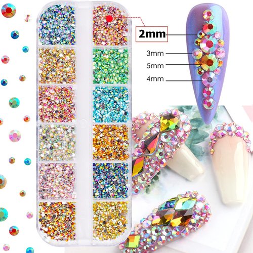 5 Boxes 13200pcs Sparkling Crystal Nail Rhinestones Pearls Kit, Flatback Multicolor Transparent Jelly AB Mermaid Gems with Pick Up Pen and Curved Tweezers for Manicure Salon & Craft DIY Designs (2mm)