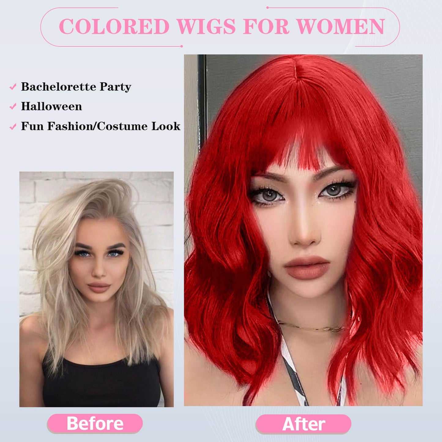 Lihui Red Wig With Bangs Short Wavy Bob Wig Colored Wigs For Women Fun Party Cosplay Wigs Synthetic Hair Wigs(Red, 12 Inch)