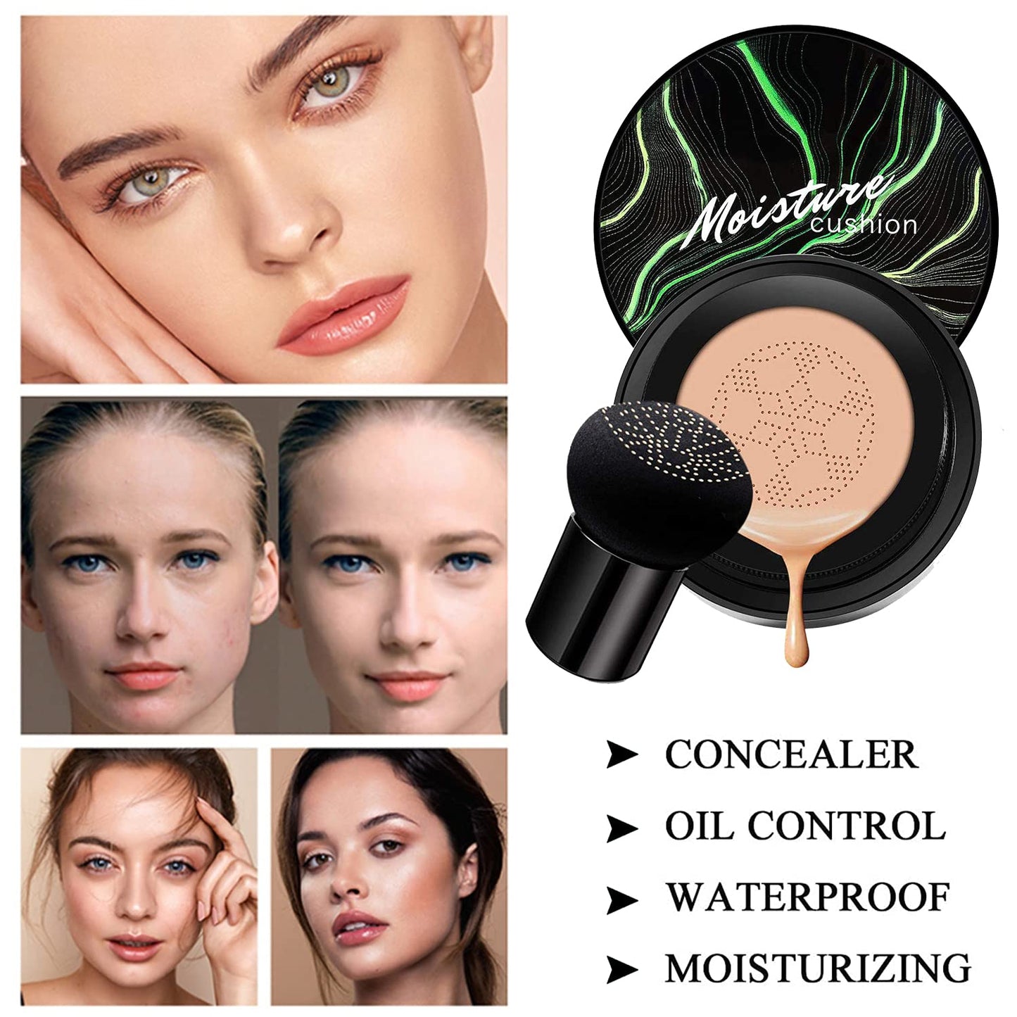 Mushroom Head Air Cushion CC Cream Nature Foundation,Moisturizing BB Cream Makeup Long Lasting Matte Concealer, Bright Makeup Base Long Lasting with Mushroom Makeup Sponge(#05 Sand)