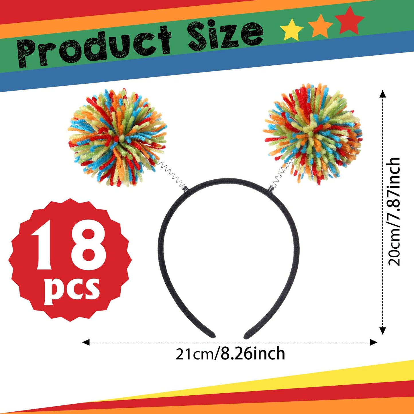 Censen 18 Pcs Pom Pom Headband Head Bopper Wrapped Funny Headband Birthday Halloween Party Headwear for Women Adult Accessory(Rainbow)