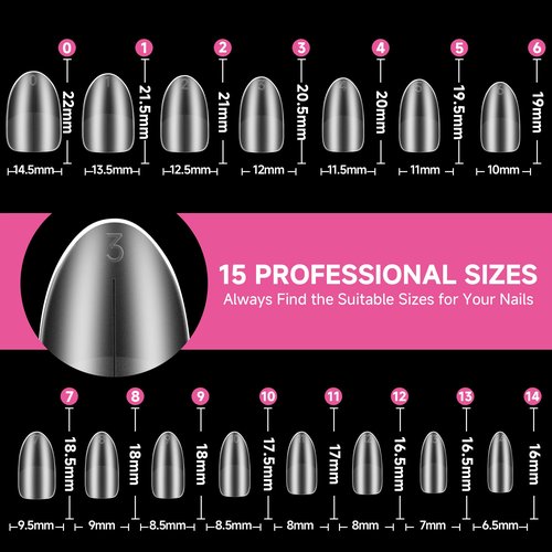 UNA GELLA Short Oval Almond Nails, 504Pcs Pre-shape Fake Nails Full Matte Cover Acrylic Round Almond Gel Nail Tips, 15 Sizes No C Curve Press on Nails for Nail Extension Art DIY Salon