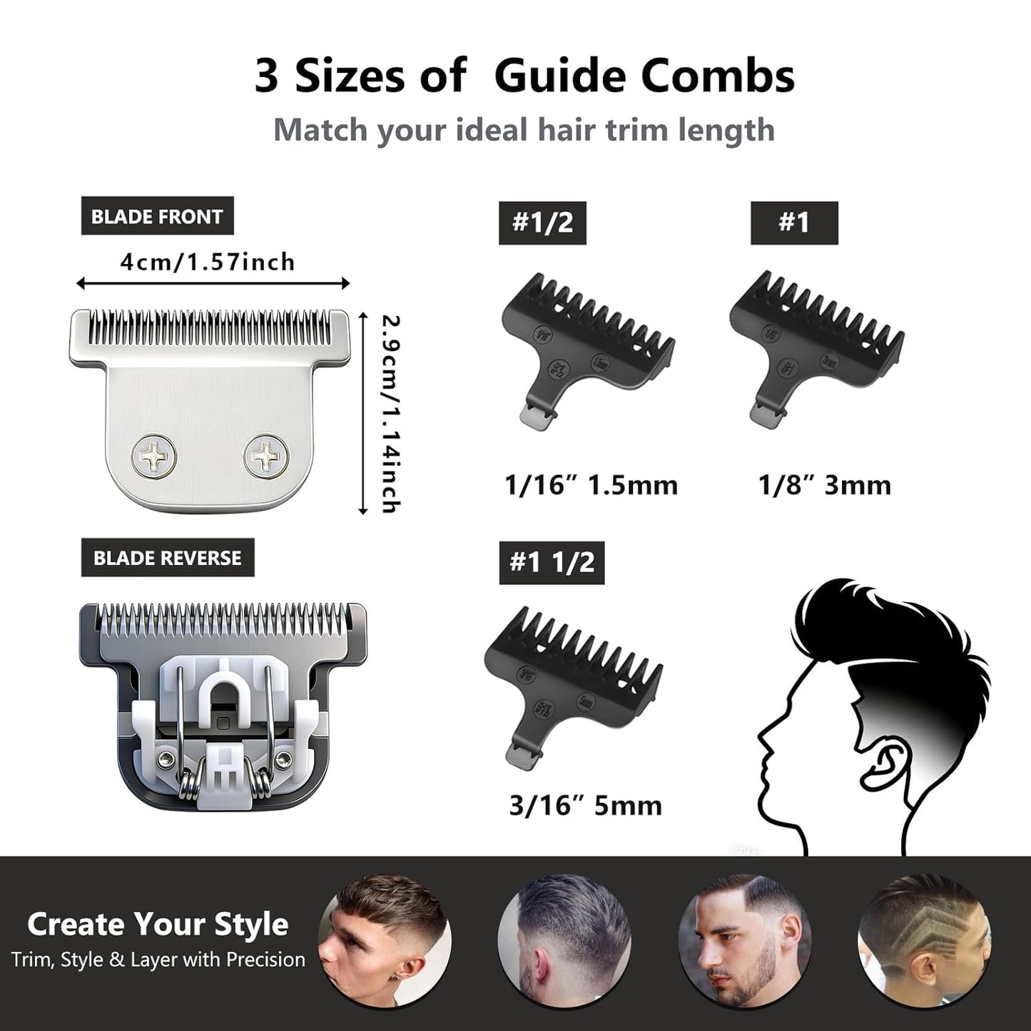 Wahl 40mm Detachable T-Blade - Includes 3 Guard Combs (1.5mm, 3mm, 5mm) for Precision Trimming