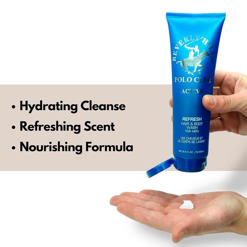 Beverly Hills Polo Club Men's Hair & Body Wash - Active Scent | Refreshing Luxury Cleanser, 8.5 oz