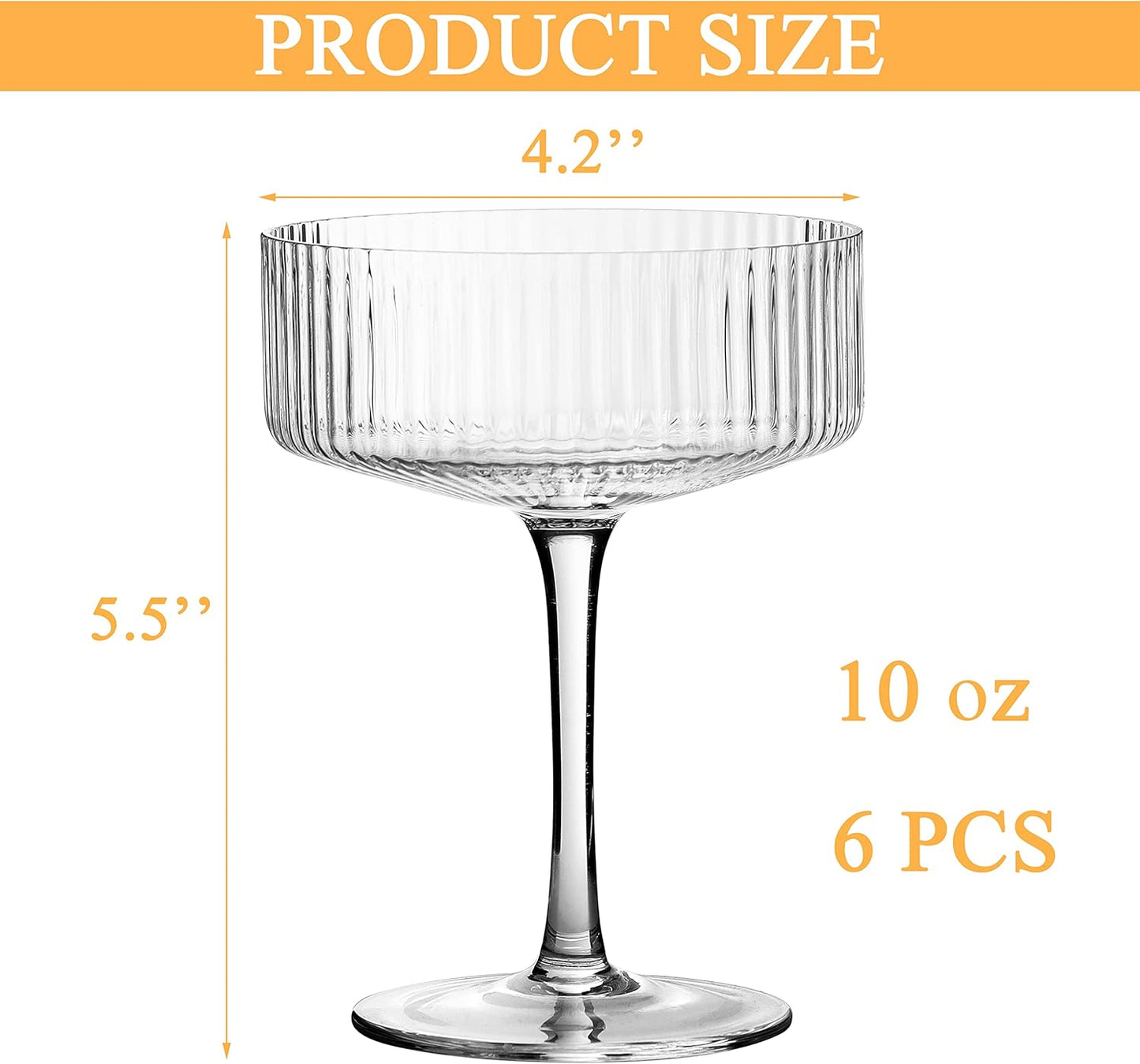 Skiennix 10 oz Ribbed Coupe Cocktail Glass Set - Elegant Hand Blown Martini Glasses in Gift Box (6 Pcs)