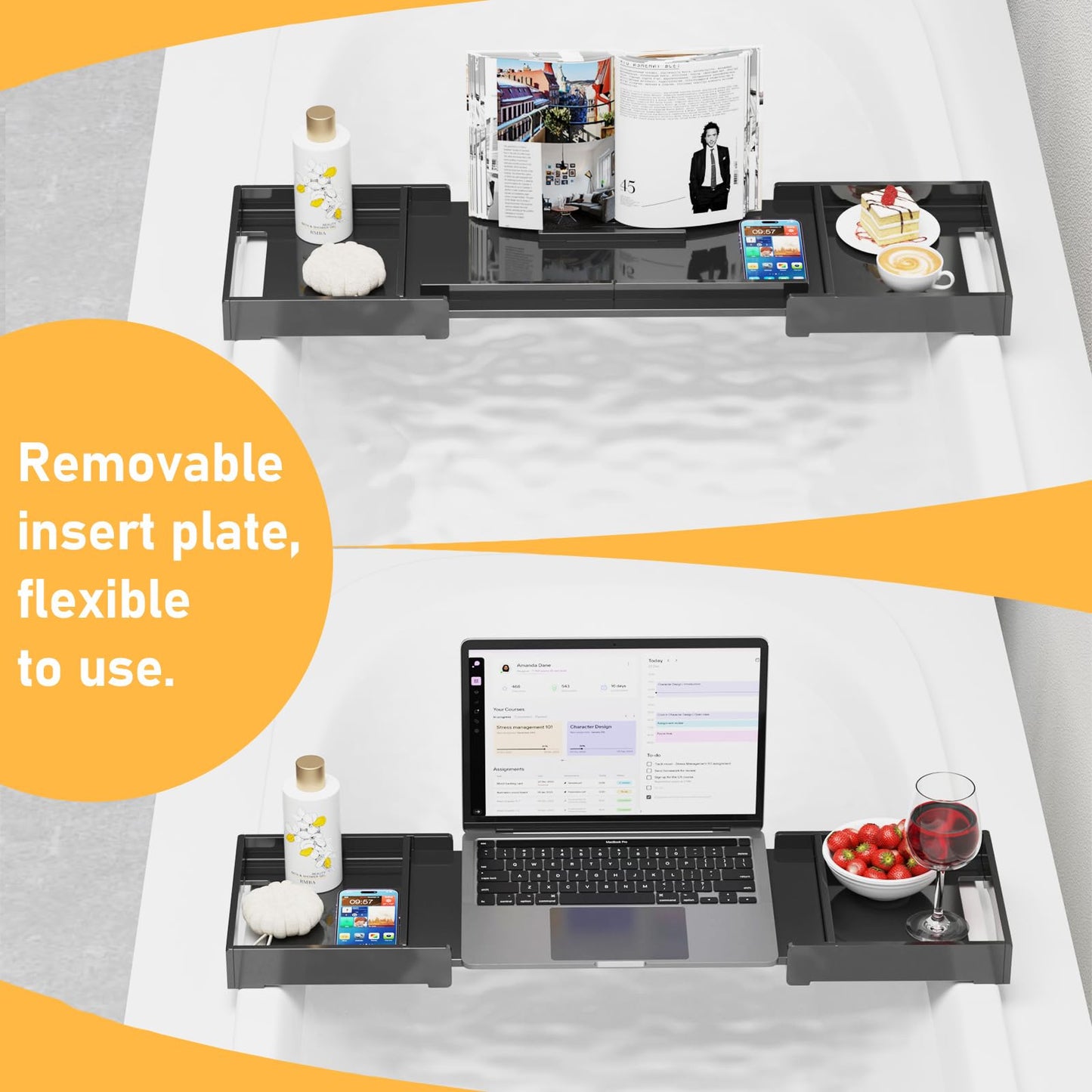 Rulyyo Bathtub Tray Caddy Table - Black 18-32.5 Inch Expandable Over The Tub Bath Tray, Waterproof Luxury Caddy for Bathtub