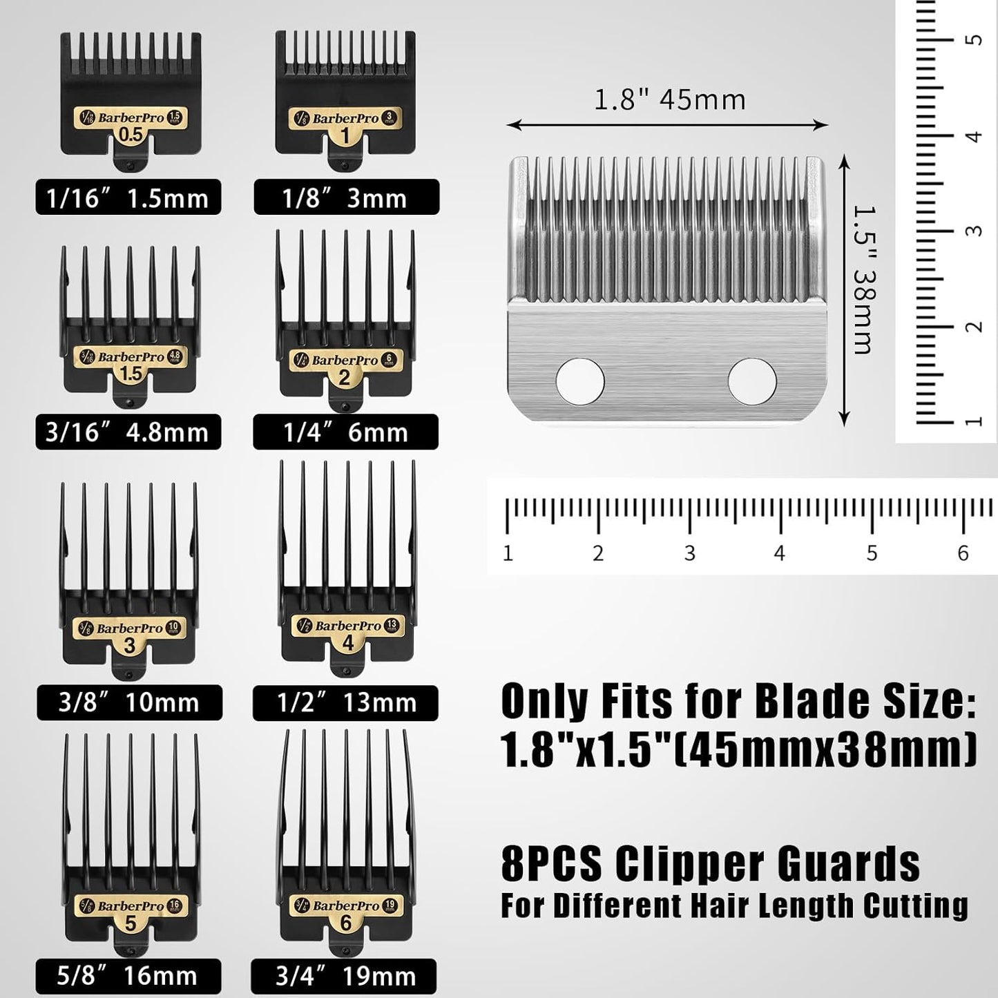 COSYONALL Clipper Replacement Guards - Compatible with BabylissPRO FX870, FX880, FX825, FX673 | 8-Pack, Black, Cutting Lengths 1/16”-3/4”