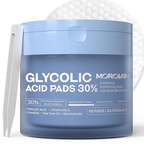 Morovan Glycolic Acid Pads - 30% Dual-Sided Exfoliator for Blemishes & Skin Clarity | 65 Pads