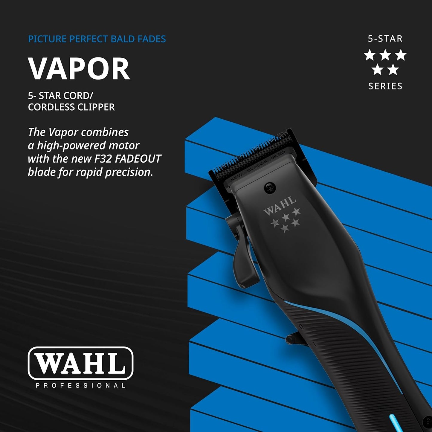Wahl Professional 5-Star Vapor Clipper - F32 Fadeout Adjustable Blade, Cord/Cordless, Speed Control