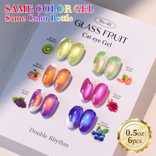 Double Rhythm Fruit Cat Eye Gel Nail Polish Set of 6 Same Color Same Bottle 0.5 Oz Shimmer Glitter with Magnet Holographic Reflective Magnetic UV Polish Kit at Home (Glass Rose Pink Green-T6-48)
