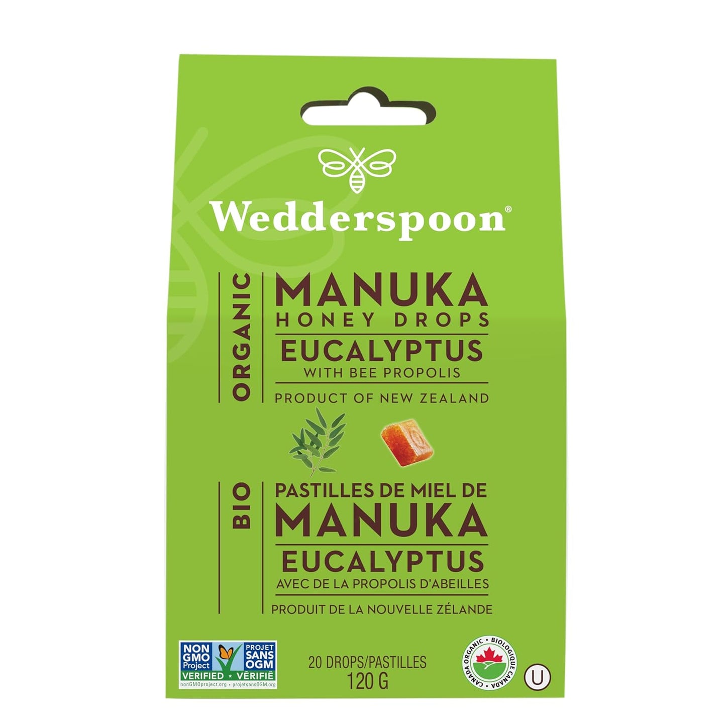 Wedderspoon Organic Manuka Honey Drops - Eucalyptus & Bee Propolis, 20 Count | Soothing Remedy for Dry Throats