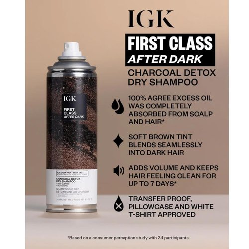 IGK First Class After Dark Charcoal Detox Dry Shampoo for Dark & Brunette Hair | Brown Tinted No White Residue Spray Adds Volume + Texture | Oil Absorbing & Odor Eliminating Formula | 6.5oz