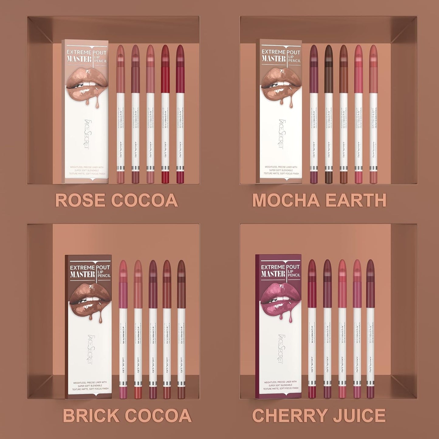Skiennix Matte Lip Liner Pencil Set - 5PCS Warm Brick Red & Cocoa Brown | Waterproof, Long-Wear, Creamy Precision