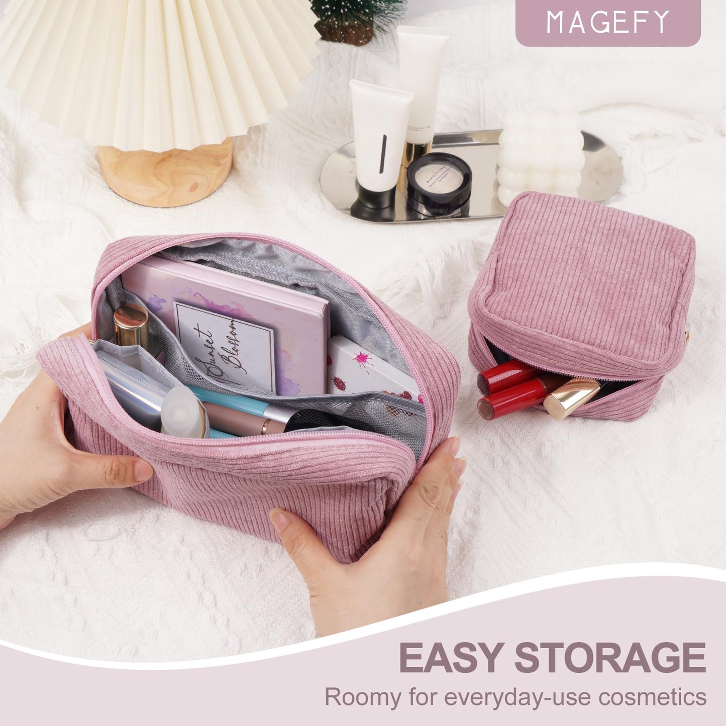MAGEFY Small Makeup Bag for Purse Mini Cosmetics Bag Corduroy Cute Cosmetic Pouch for Women with Slip-in Pockets (Pink)