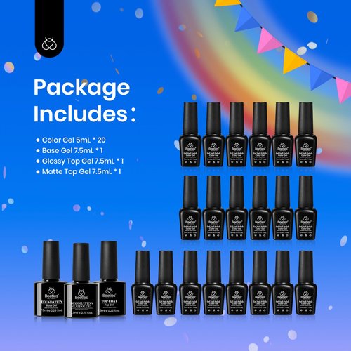 Beetles Neon Gel Polish Set, 20 Colors Glitter Pink Red Green Blue Bright Rainbow Collection Colorful Gel Polish Nails Sparkle Gel Base Glossy & Matte Top Coat UV Gel Spring Gift for Women & Girls