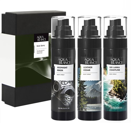AQUA BLANCE Body Spray for Men, Mens Body Refreshing Spray, Long Lasting, Pack of 3, Each 3.4 Fl Oz, Total 10.2 Fl Oz, Notes of Bergamot, Patchouli, Cedar, Leather