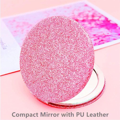 mpowtech Cute Pink Compact Mirror for Women,Small Magnifying Travel Mirror with Glitter,Portable 2 x 1x Magnification Folding Pocket Makeup Mirror Cosmetic Mirror for Gift Travel Essentials