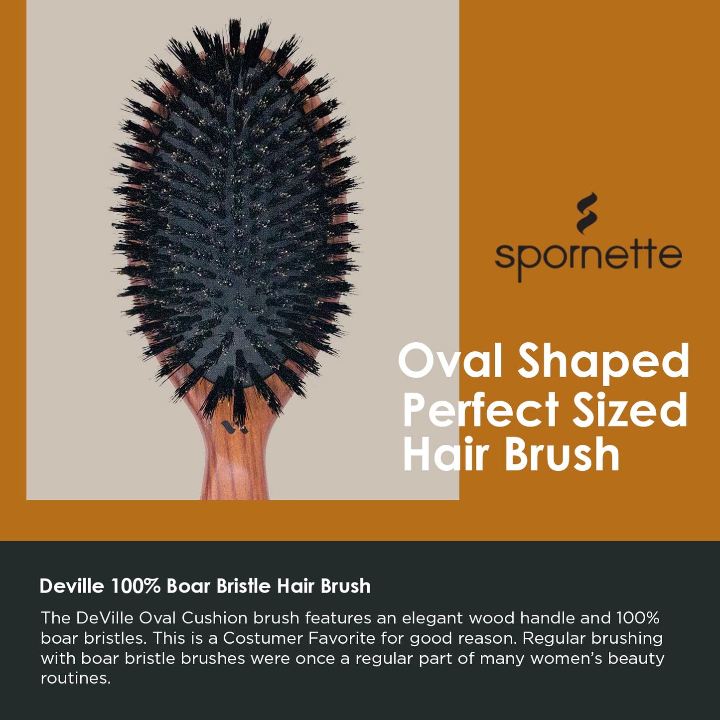 Spornette Deville Boar Bristle Paddle Hair Brush - Cushion Oval for Smoothing, Detangling & Blow Drying
