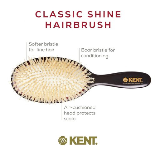Kent CSGM Classic Shine Oval Cushion Straightening Brush - Soft White Boar Bristle for Fine Hair