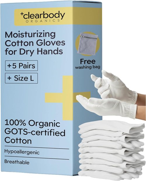 Clearbody Organics 100% Organic Cotton Gloves - Moisturizing Overnight for Dry Hands | Eczema Relief (5 Pairs, Size L)