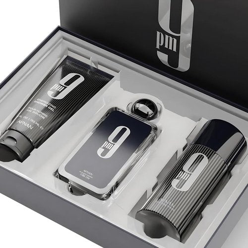 Afnan 9 PM Luxury Perfume Gift Set – Eau De Parfum (3.4 Oz), Deodorant (5.0 Oz), Shower Gel (5.0 Oz)