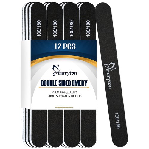 Maryton Nail File 100/180 Grit Emery Boards for Nails 12 PCS Professional Double Sided Washable Nail Files Kit for Acrylic Nails DIY Salon Use (Black)