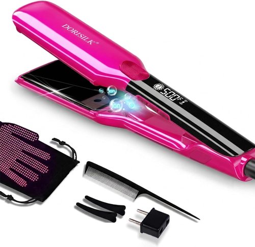 DORISILK 2-in-1 Hair Straightener & Curler - 1.75 Inch Ceramic Flat Iron for Frizz-Free Shine | Hot Pink