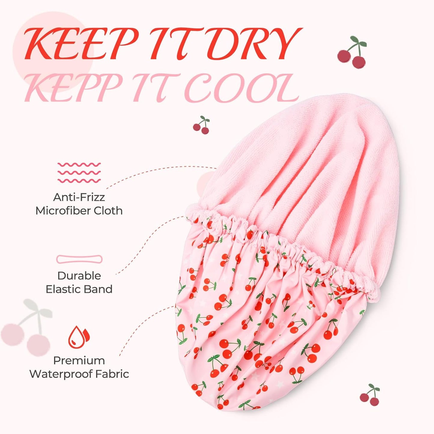 Skiennix Shower Cap - Waterproof Terry Lined Bath Cap for Long Thick Hair - Large Pink Size