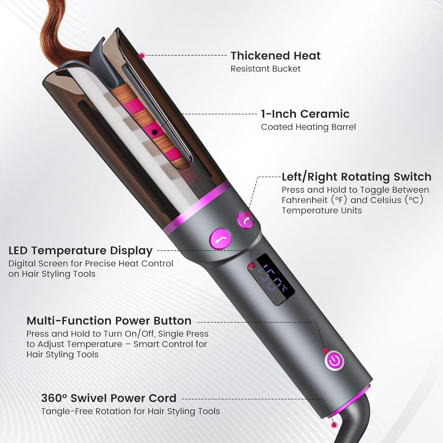 Skiennix Negative Ion Automatic Rotating Curling Iron - Smart Tangle-Free, Dual Voltage, Portable 1-Inch Ceramic Curler for Home & Travel