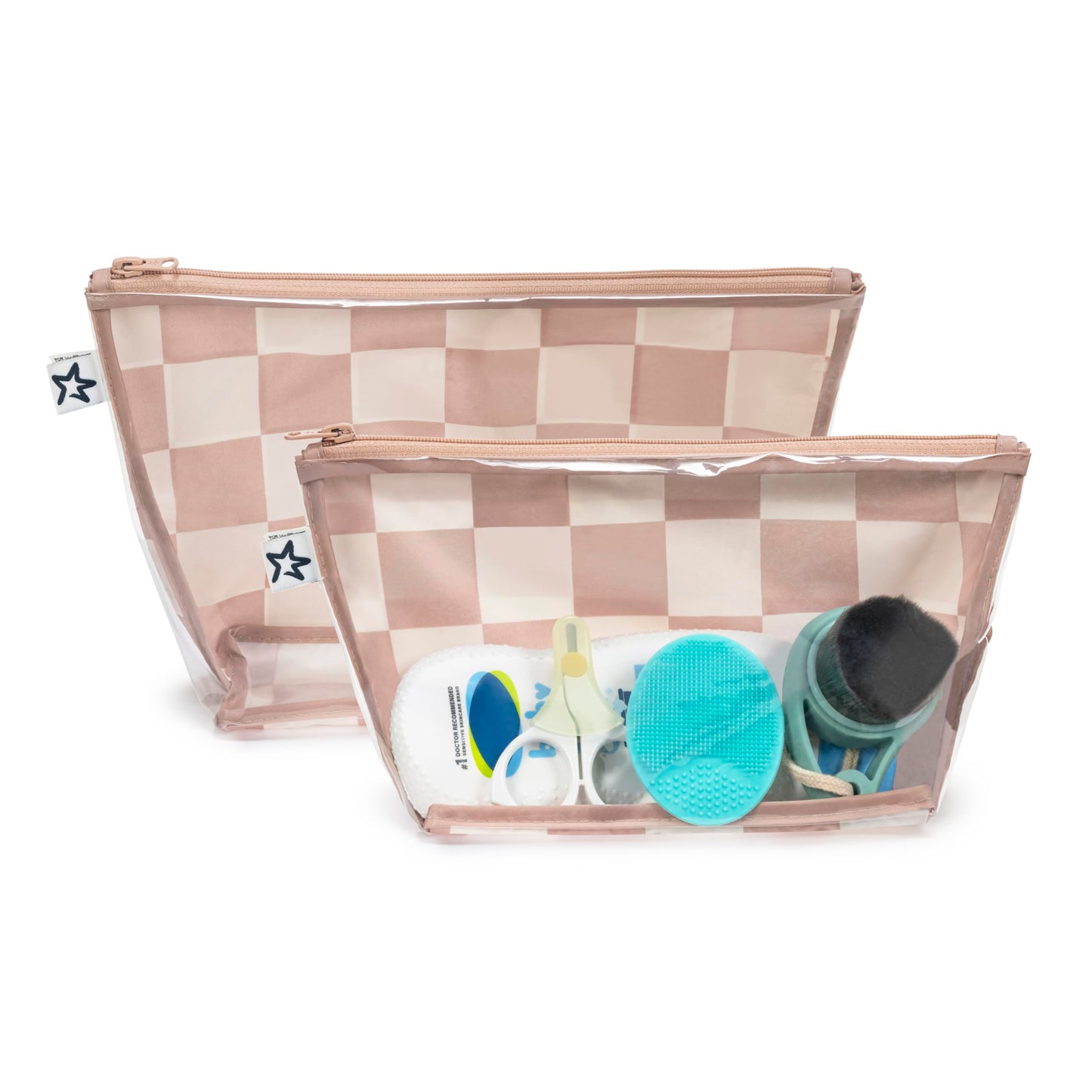 Tiny Twinkle Mess-proof Travel Bags, Airline Compliant, Zipper Closure, Clear Front Pouch, Diaper Bag Packing, Toiletry or Cosmetics Organizer 2 Pack Set (Beige Checkers)