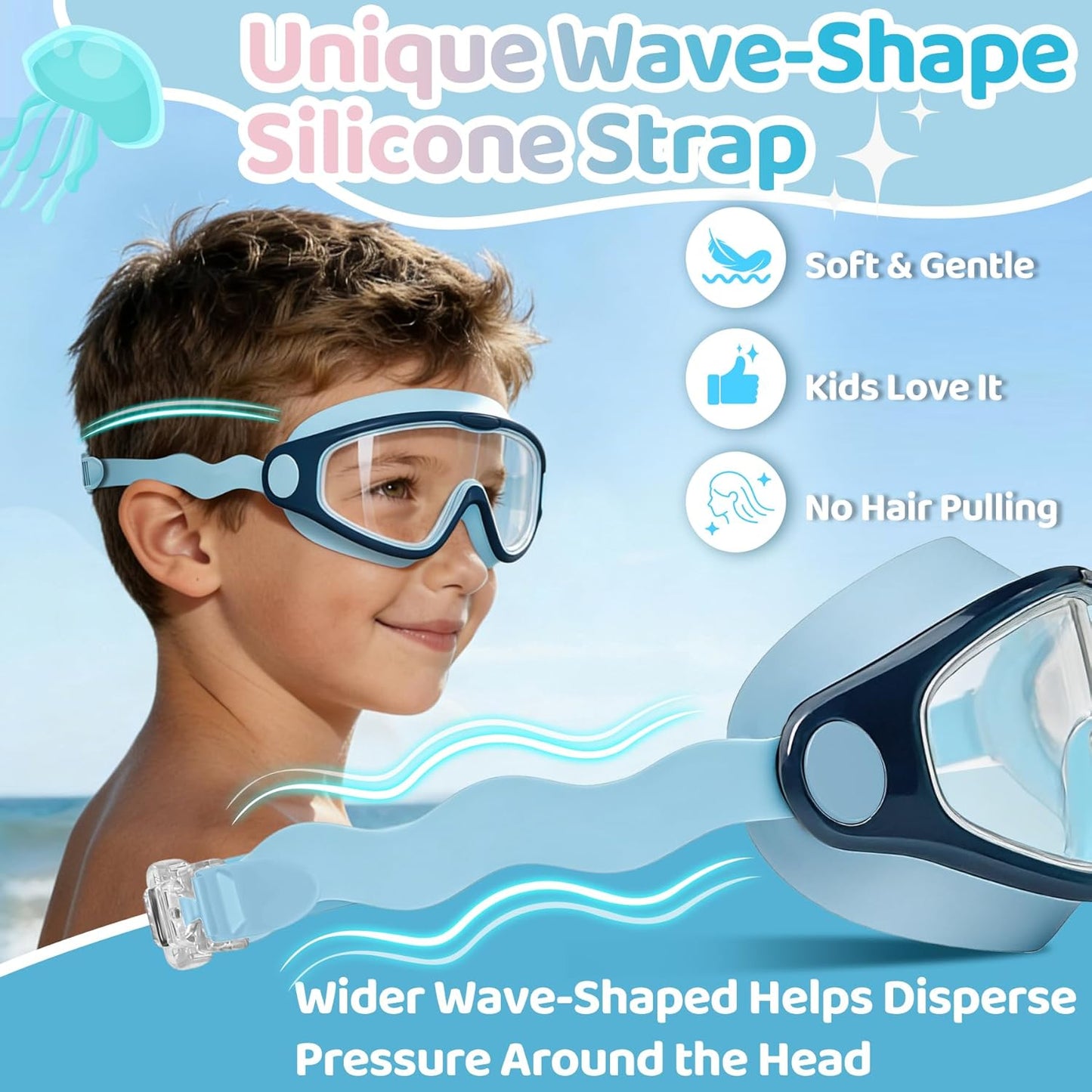 Vvinca Kids Swim Goggles - Anti-Fog, Leak-Free Design with Soft Wave-Shape Strap | 2 Pack for Ages 3-15
