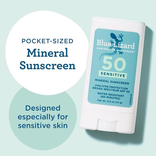 Blue Lizard Sensitive Mineral Sunscreen Stick - SPF 50+ Zinc Oxide, Water Resistant, Fragrance Free | 0.5 Oz