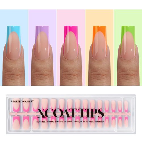 BTArtbox Nails Press-On Nails - Long Square French Tip in Bright Pastel Soft Gel | Soak Off Acrylic Extensions