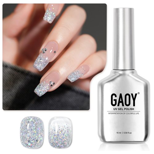 GAOY Glitter Gel Nail Polish, 16ml Silver Sparkly Gel Polish, Diamond Shiny Glitter Soak Off UV Light Cure for Nail Art, 1350 Milky Way