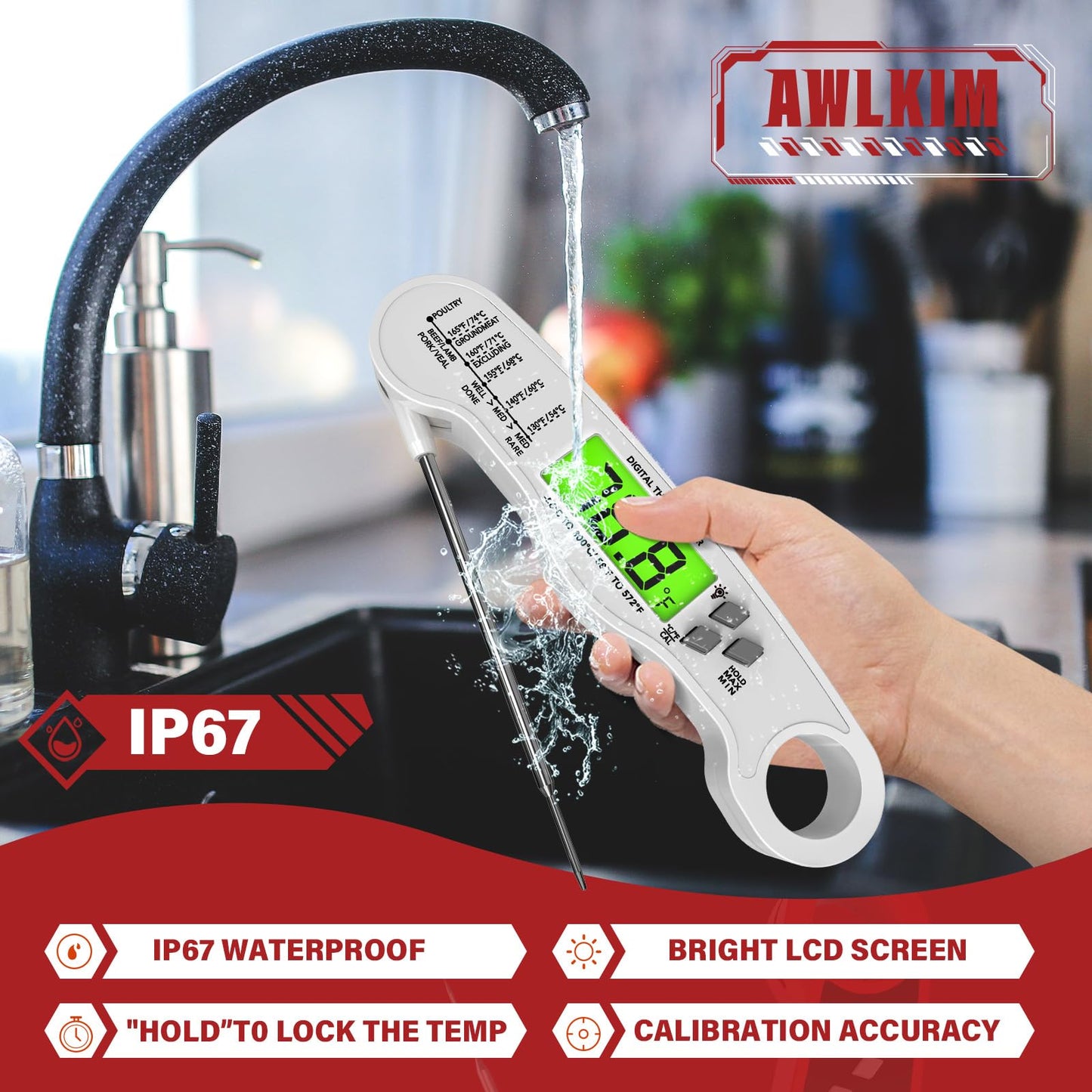 Fast Instant Read Meat Thermometer with Backlight - Waterproof Digital Food Probe for Grilling, Cooking, Baking & Candy Making - Kitchen & BBQ Essential(Black)