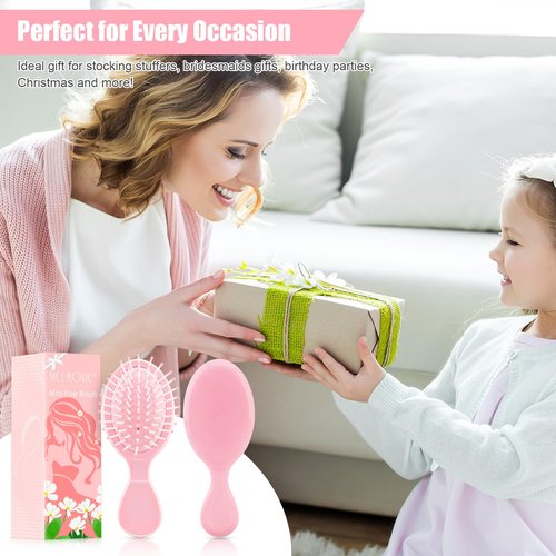 NICEMOVIC Mini Wet Hair Brush 2 Pack, Bachelorette Party Favors, Small Travel Hair Brush for Girls Toddler Kids Women, Stocking Stuffers for Girls Women, Bridesmaid Gifts, Spa Party Supplies (Pink)