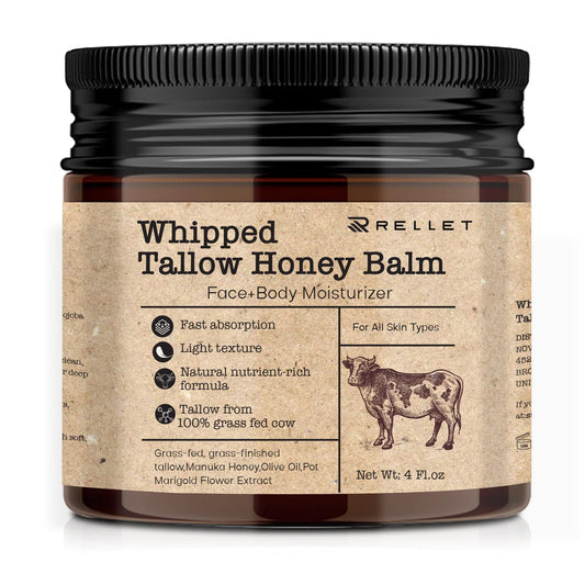 Beef Tallow and Honey Balm for Skin: 4oz Grass Fed Whipped Beef Tallow With Honey Face Body Moisturizer - Organic Unscented Fast Absorption Tallow Cream Infused with Manuka Honey Beeswax Olive Oil