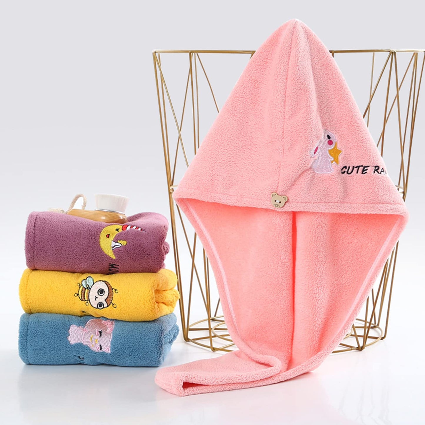 ROMASA Hair Drying Towel for Kids Microfiber Hair Towel Wrap with Buttons Super Absorbent Twist Turban Shower Gift for Women and Girls