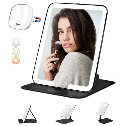 ESWU Travel Makeup Mirror with Light, Portable Folding Make Up Tabletop Mirror with 10X Magnifying Mirror Rechargable 3 Colors Light Compact Vanity Mirror with Adjustable Stand (Black)