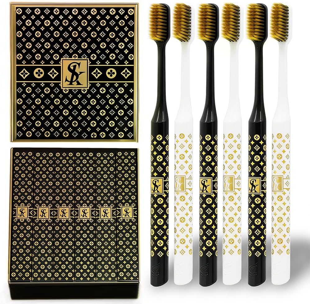 Skiennix Medium Manual Toothbrush Pack - 6 Deep Cleaning Toothbrushes for Sensitive Teeth & Gums | Gold Edition