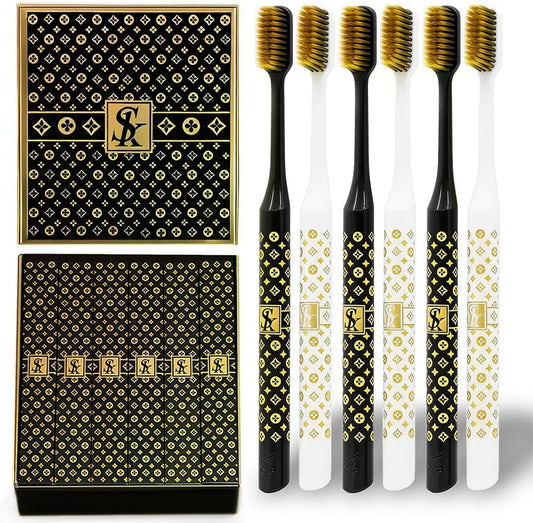 Skiennix Medium Manual Toothbrush Pack - 6 Deep Cleaning Toothbrushes for Sensitive Teeth & Gums | Gold Edition