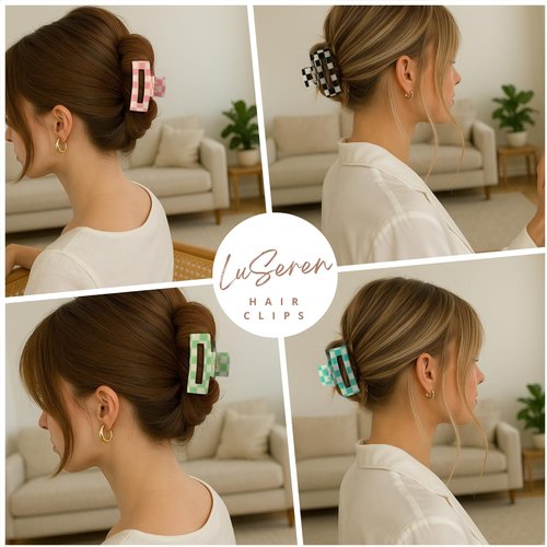 LuSeren 4 Pack 3 Inch colorful Hair Claw Clips for Women, Medium Rectangle Acetate Jaw Clips in Black, Pink,Green, Blue, Stylish Checkered Hair Accessories for Girls
