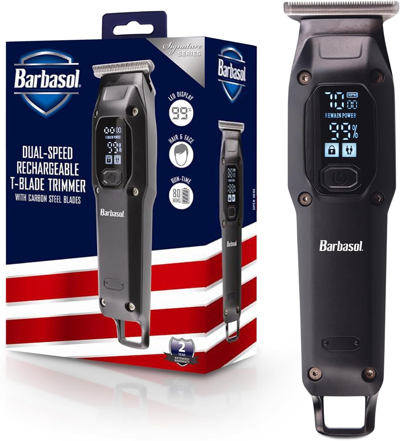 Barbasol T-Blade Trimmer - Rechargeable Dual Speed Hair & Beard Trimmer for Men with 6 Guide Combs, LED Display & Travel Bag